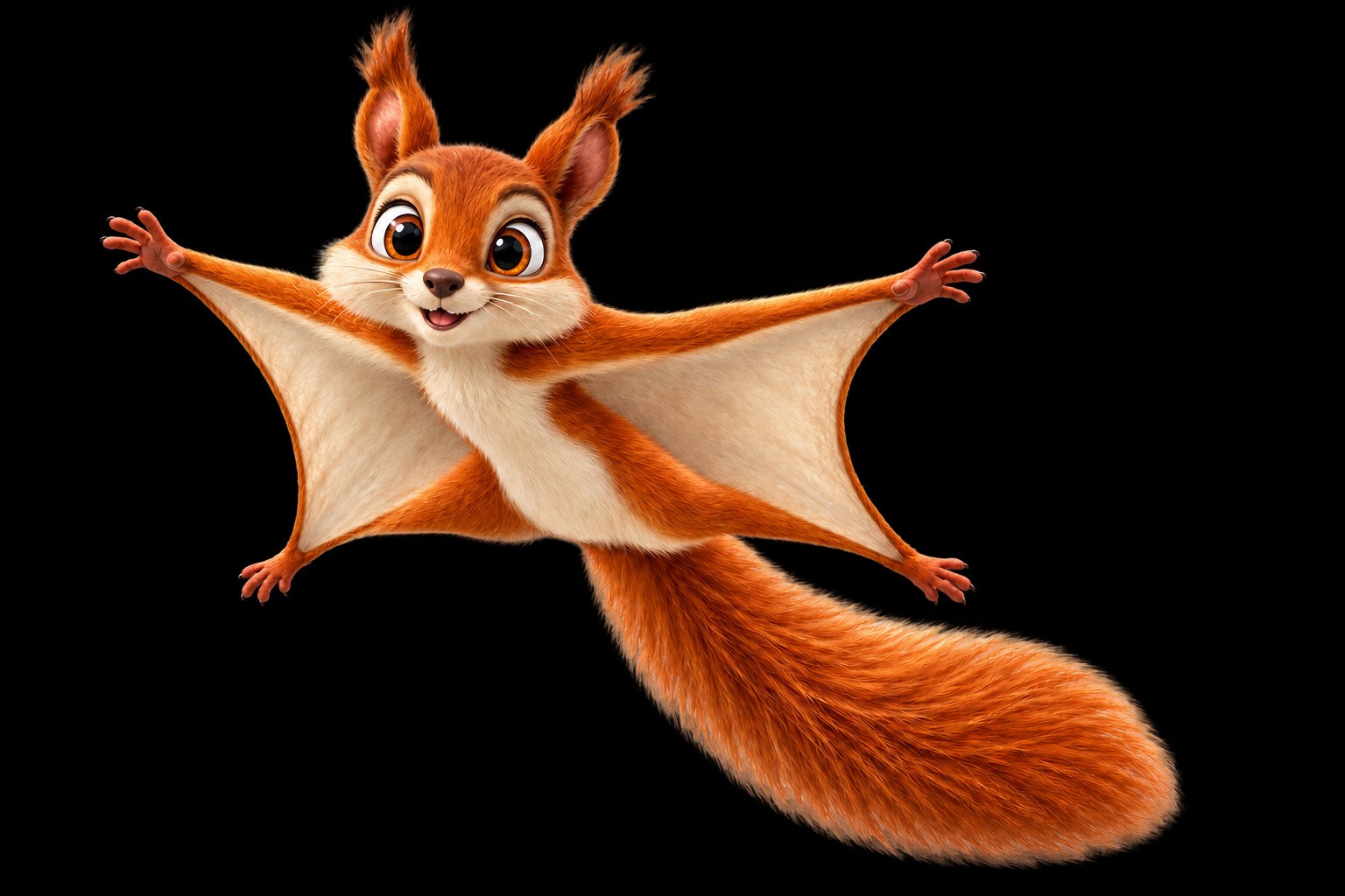 Orange-brown flying squirrel gliding